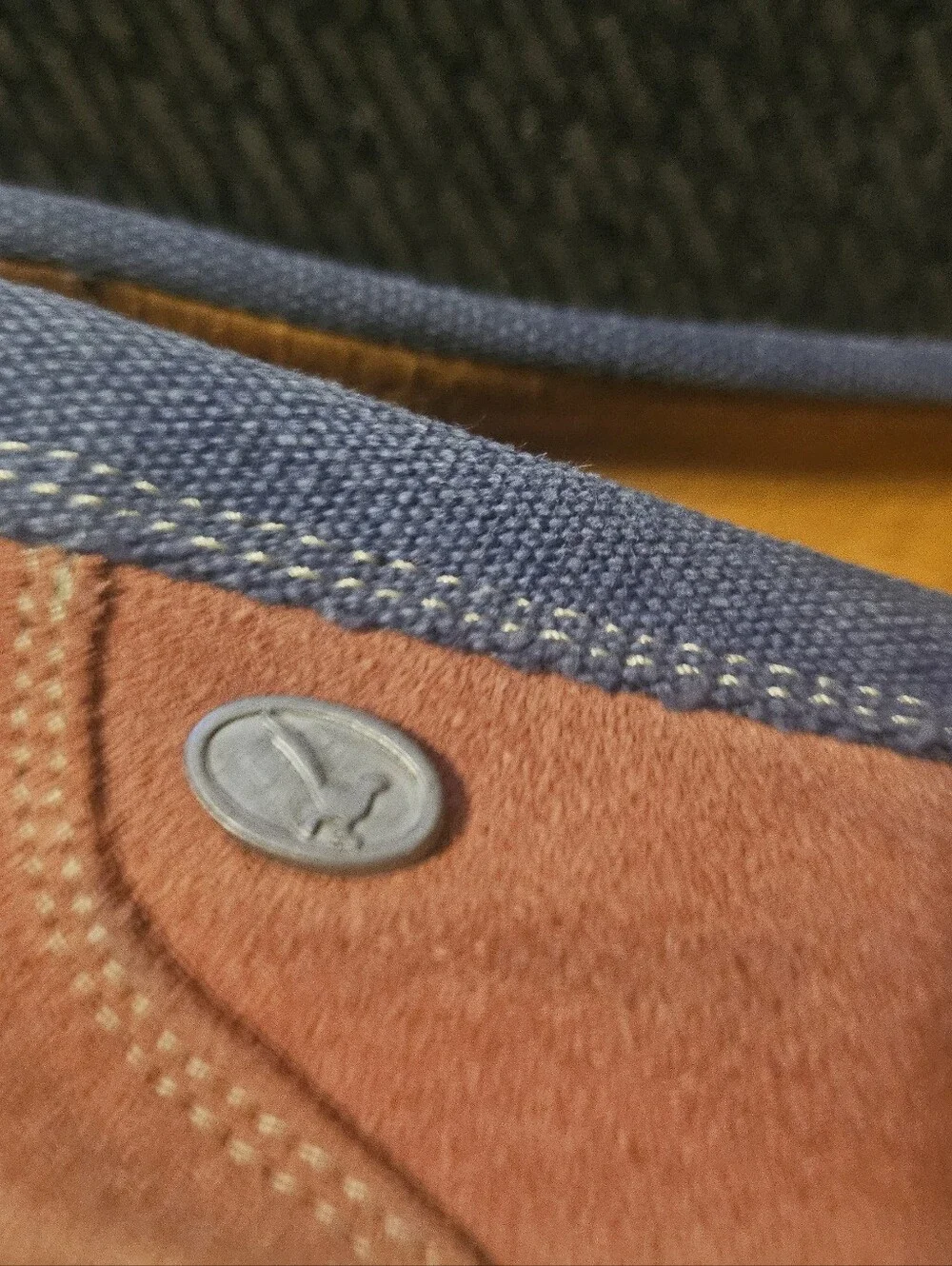 Unisex Suede Slip-On Loafers in Rust with Navy Trim 40- 9.5 Wm, 7 M